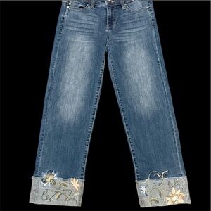 Liverpool Blue Cropped Jeans with Floral Embroidery